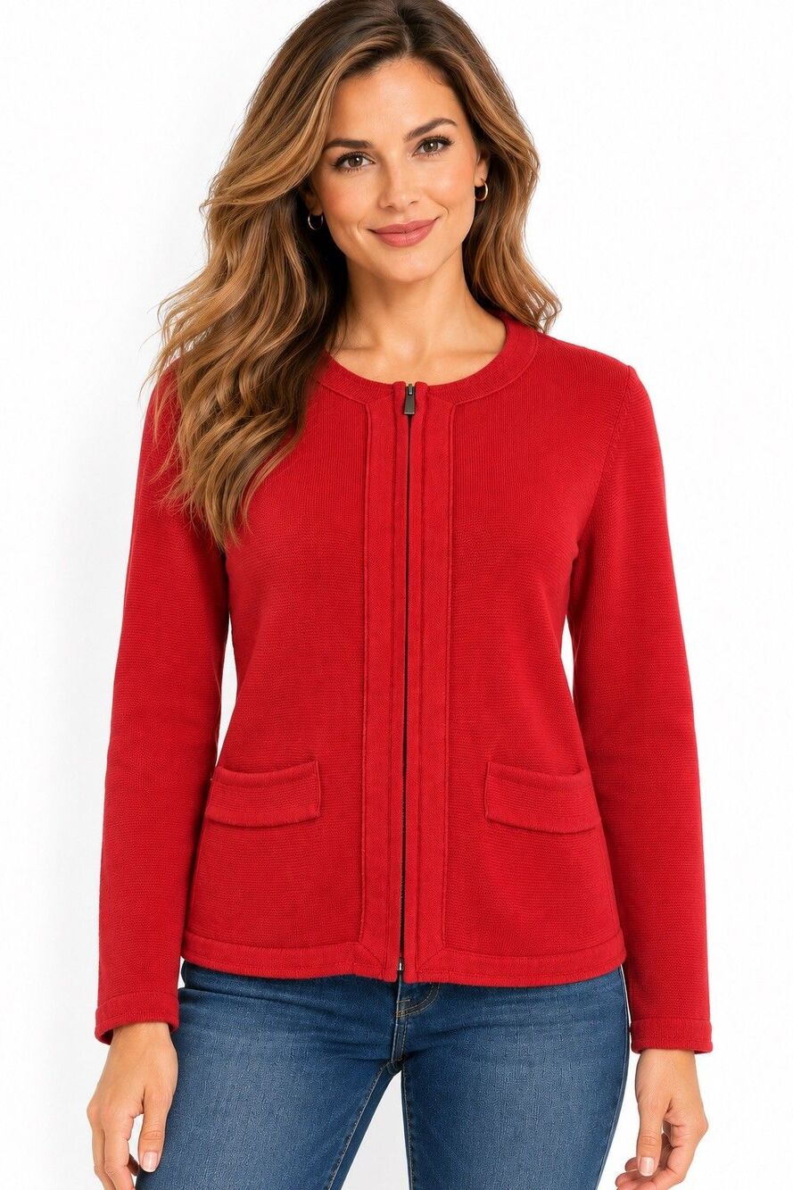 Talbots Red Cotton Modal Knit Zip Front Cardigan Jacket Pockets Sz S
